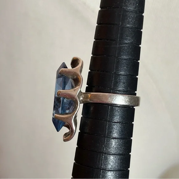 Antique art Deco Oversized Marquee Blue Topaz Brutalist Sterling Silver Ring - Picture 9 of 17